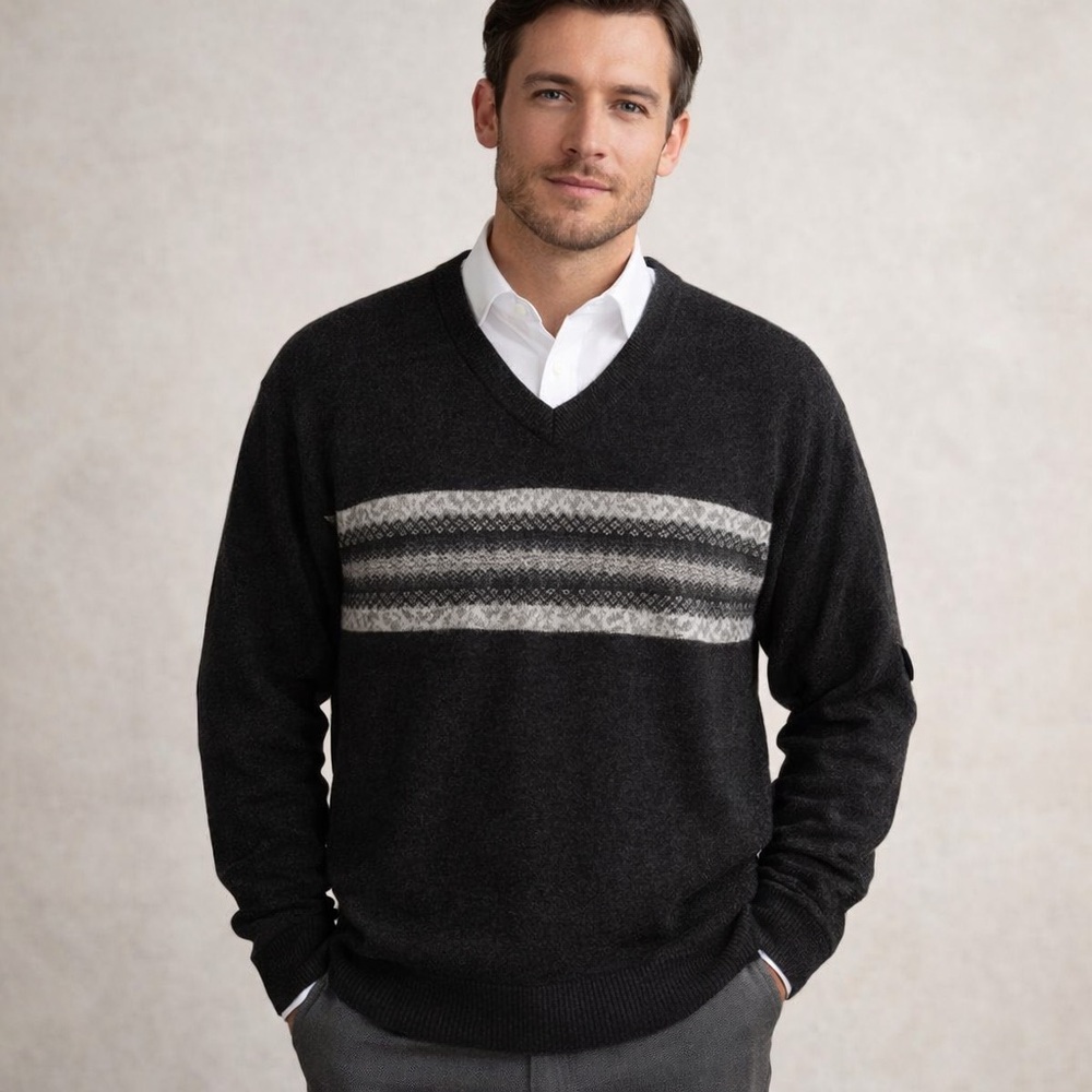 Club Room 100% Cashmere V-Neck Sweater Gray Fair Isle Stripe Men’s LT